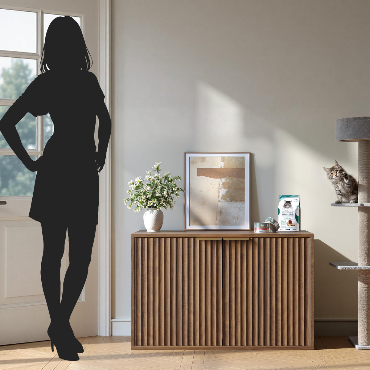 Evermagin 31.5" Cat Litter Box Enclosure Furniture Walnut Hidden Litter Box Cabinet, Modern Indoor Cat House, Fluted Kitty End Table for Living Room, Bedroom, Entryway