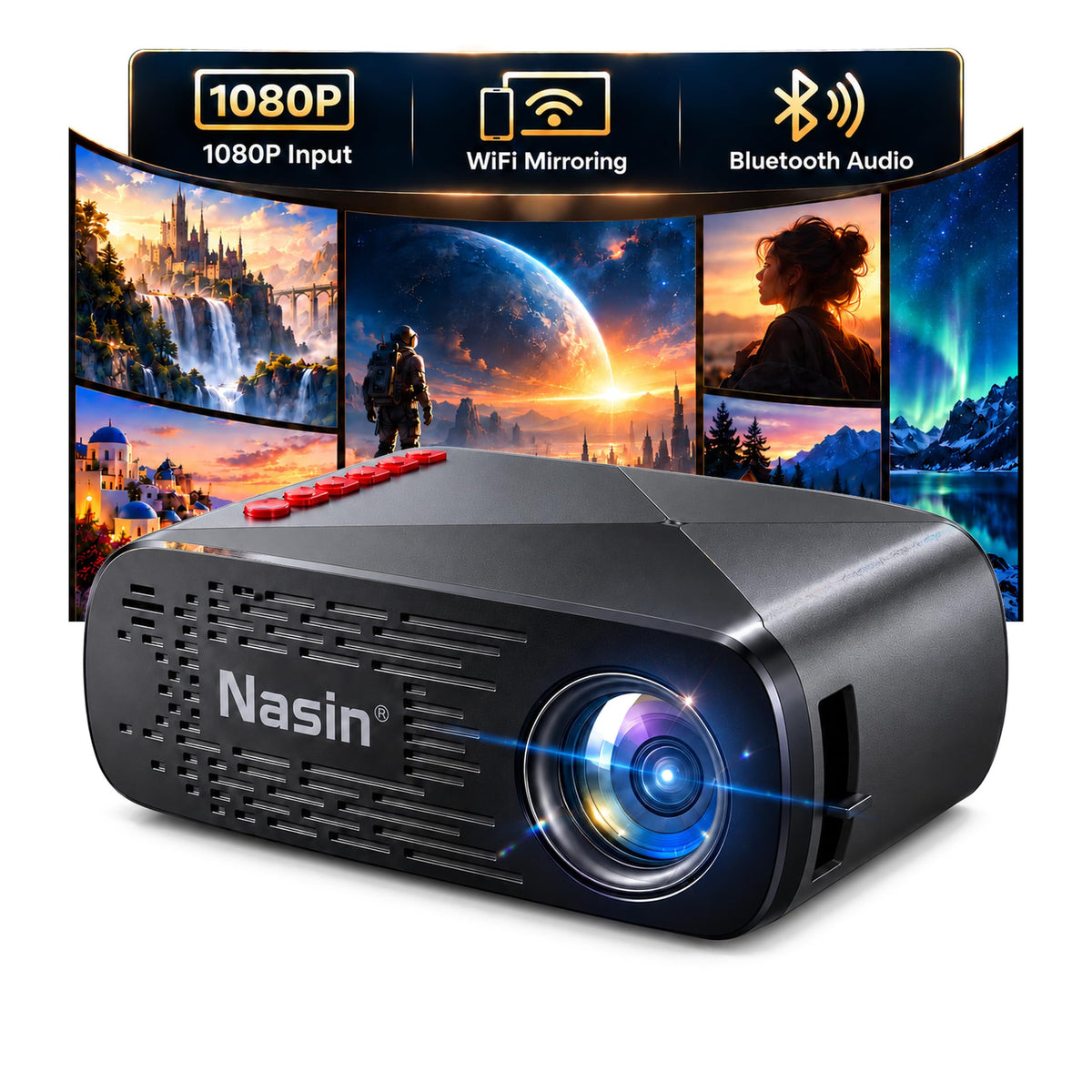 Mini Projector, Nasin Portable Projector with WiFi, Bluetooth, 1080P Input Compact portable design with WiFi mirroring, Bluetooth, 22-170 in display, HDMI, USB, TF card, USB-C and 1080P input.