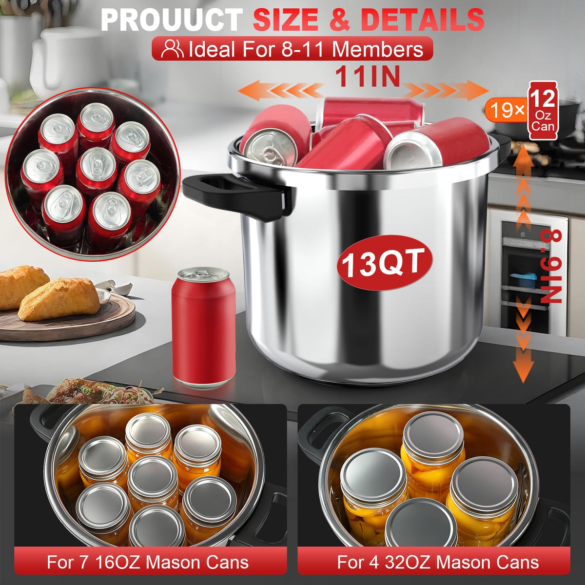 [3-IN-1] Pressure Cooker 12 Quart, 18/8 Stainless Steel Pressure Canner [One-Hand Locking] Olla de Presion, Induction Compatible, Gas Stovetop Compatible,Includes Glass Lid & Steamer Rack