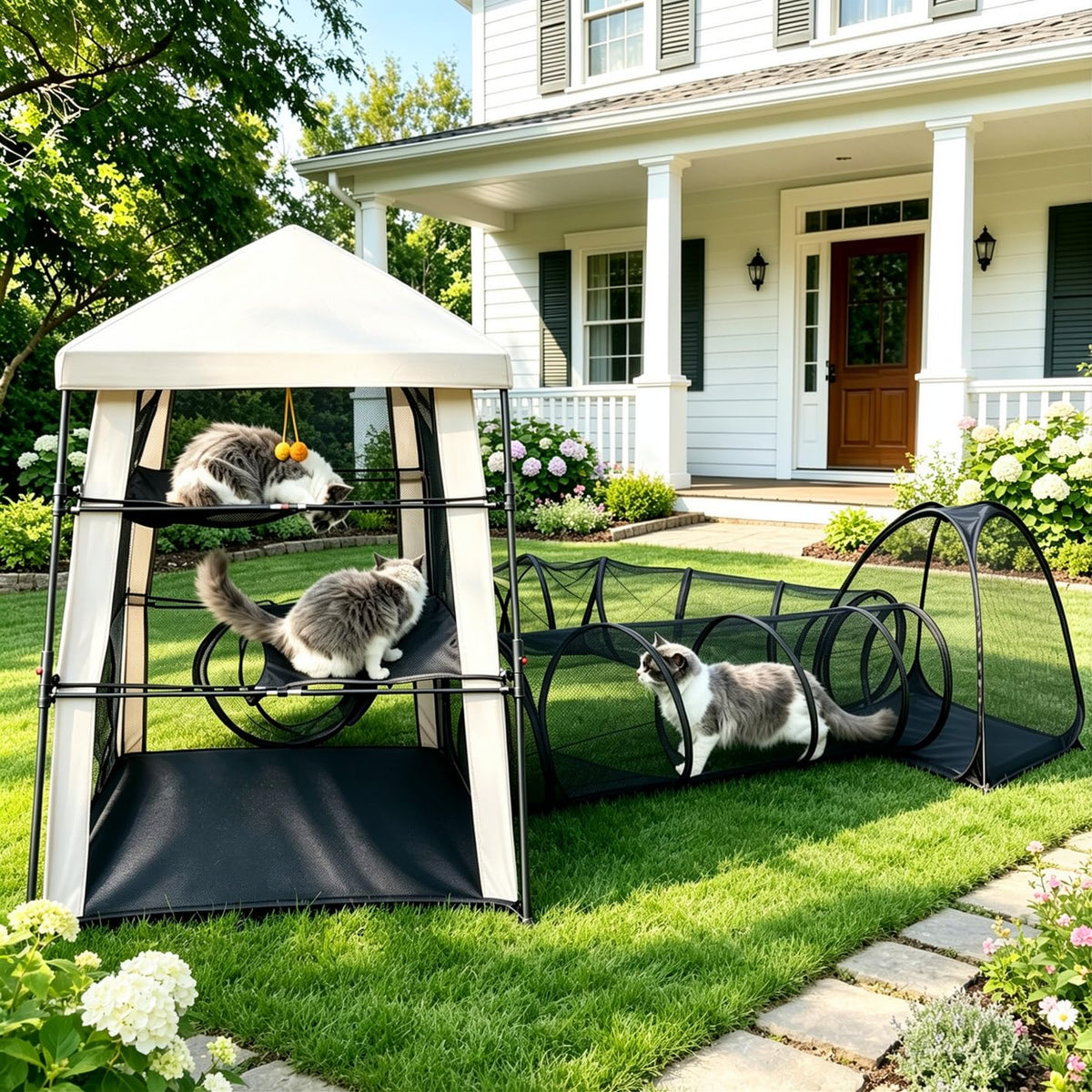 CypherX Extra Large Catio Outdoor Cat Enclosure Pop Up Playpen Tunnel Tent 3-level main cube with 3 passages & mini housing. Tear-resistant mesh, shade cover, 8 stakes, toy ropes & carry bags