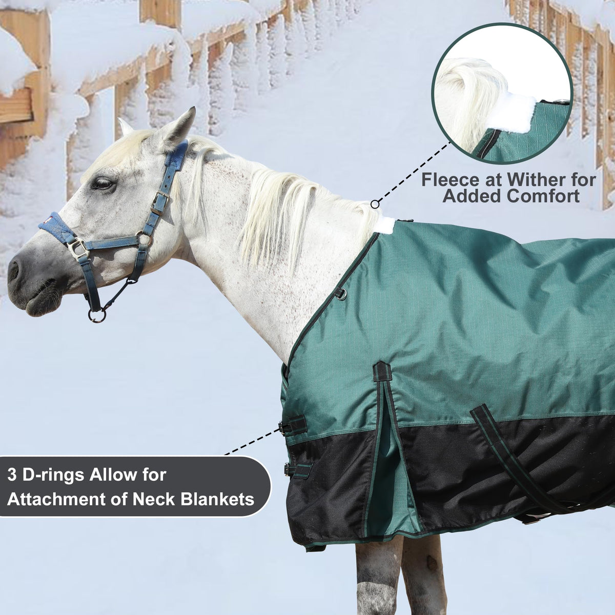 1200D Horse Blanket, 200g Medium Weight Waterproof Winter Turnout 1200D Ripstop Outer, Waterproof Breathable Shell, Anti-Rub Lining, 200g Insulation, Keep Dry in Snow & Cold, Large Tail Flap