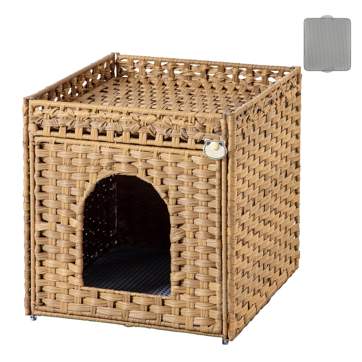 SETVSON Cat Litter Box Enclosure Furniture, Hidden PE Rattan, Natural PE Rattan Kitty House with Top Fence, Fits Standard Litter Box, Included Litter Mat, 2 S-Hooks, Sturdy Metal Frame