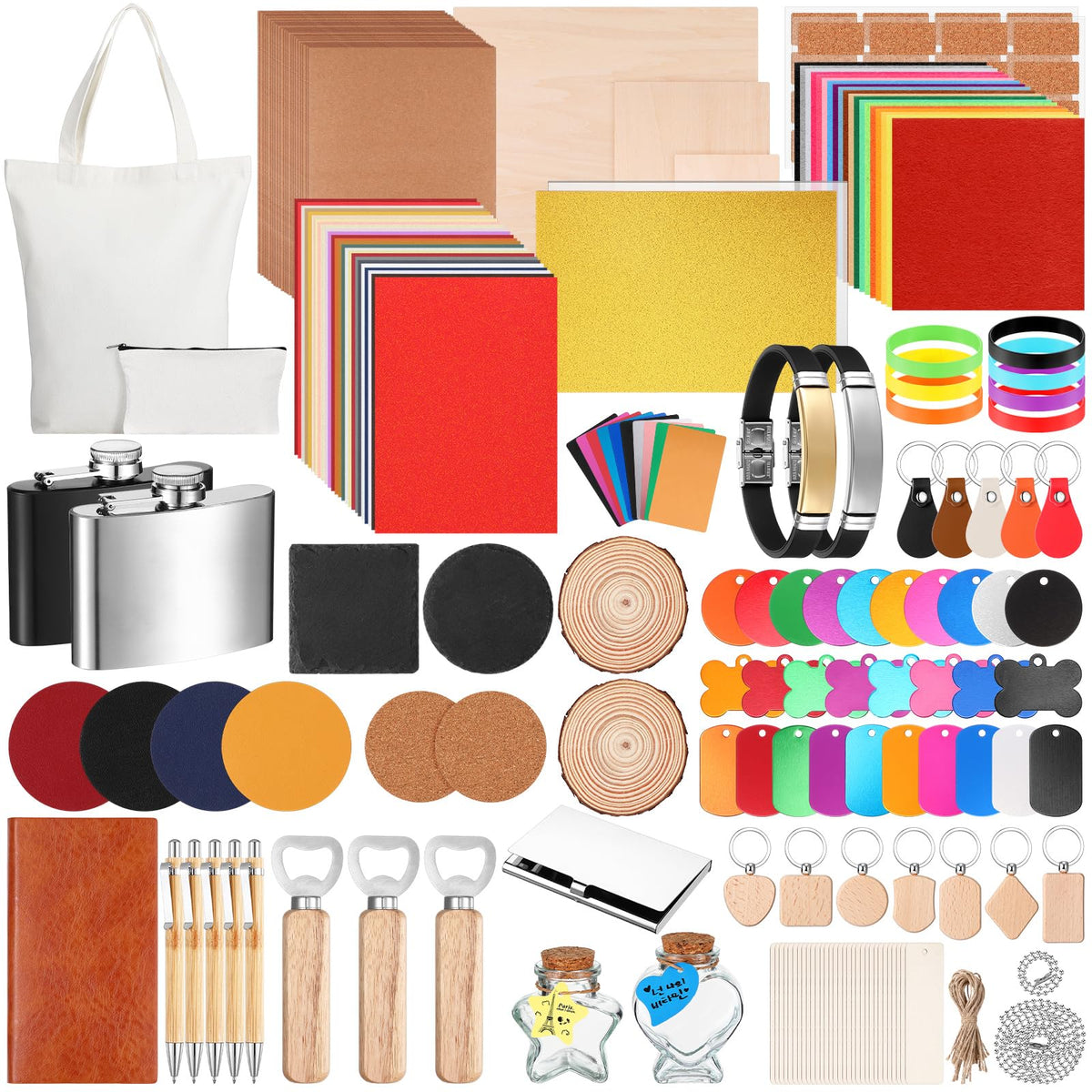 Dunzoom 257 Pcs Laser Material Kit, Laser Engraving Materials Includes Acrylic, Metal, Wood, Fabric, PU Leather, Glass, Rock, Rubber for Laser Engravers DIY Crafts Cutting Project Cutters
