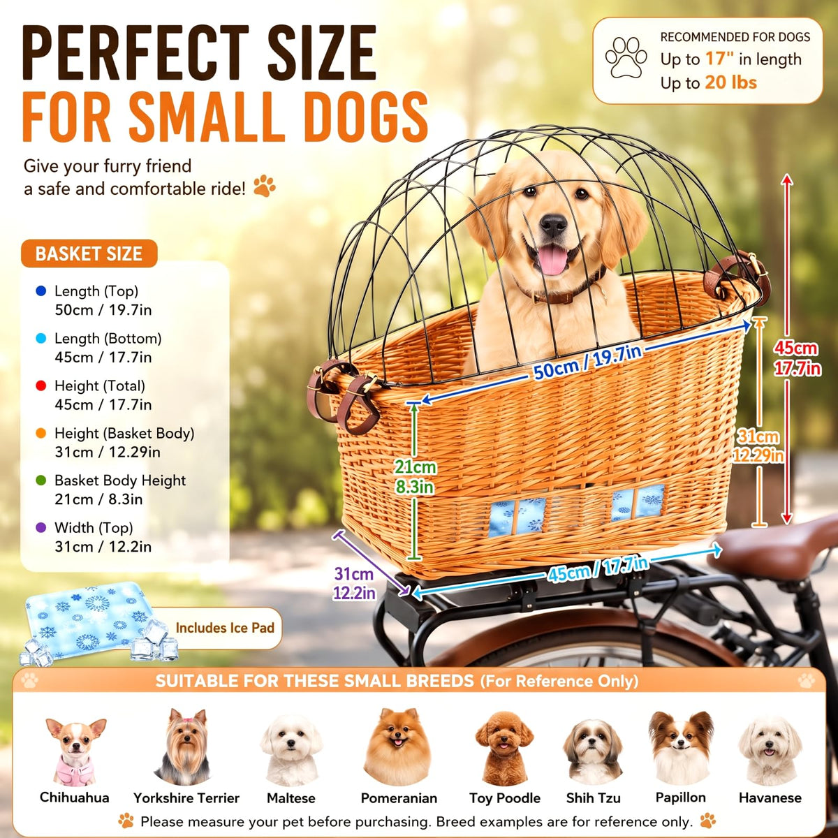 Wicker Dog Bike Basket for Small Dogs up to 20 Lbs, Tilted-top Fits Bicycle Rear Rack, Rattan Pet Carrier with Protective Grille, Cotton Cushion & Ice Pad, Breathable Design, Easy Install