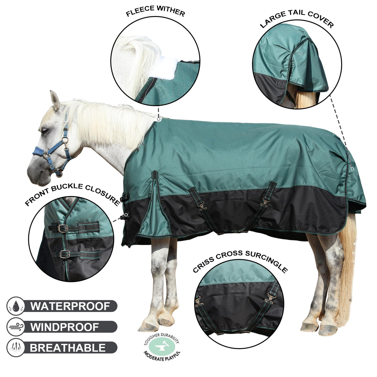 1200D Horse Blanket, 200g Medium Weight Waterproof Winter Turnout 1200D Ripstop Outer, Waterproof Breathable Shell, Anti-Rub Lining, 200g Insulation, Keep Dry in Snow & Cold, Large Tail Flap