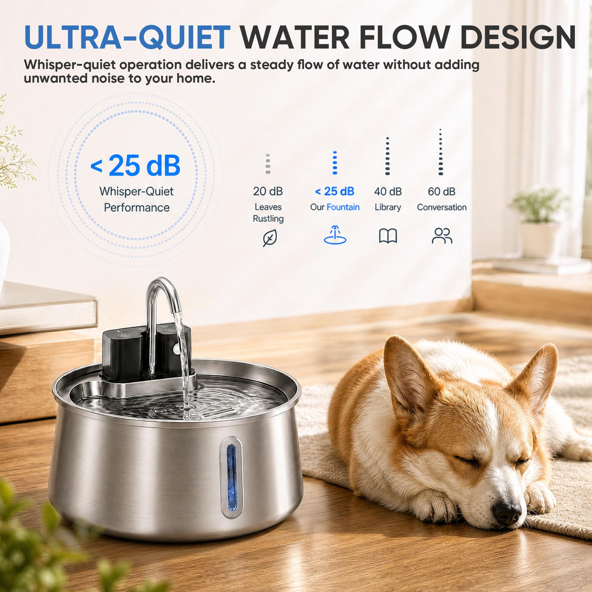 Selene Dog Water Fountain, 4L Stainless Steel Dog Water Fountain with Visual Water Level, Super Quiet Dog Water Bowl, 5-Stage Filtration Pet Water Dispenser, Easy to Clean - 4L