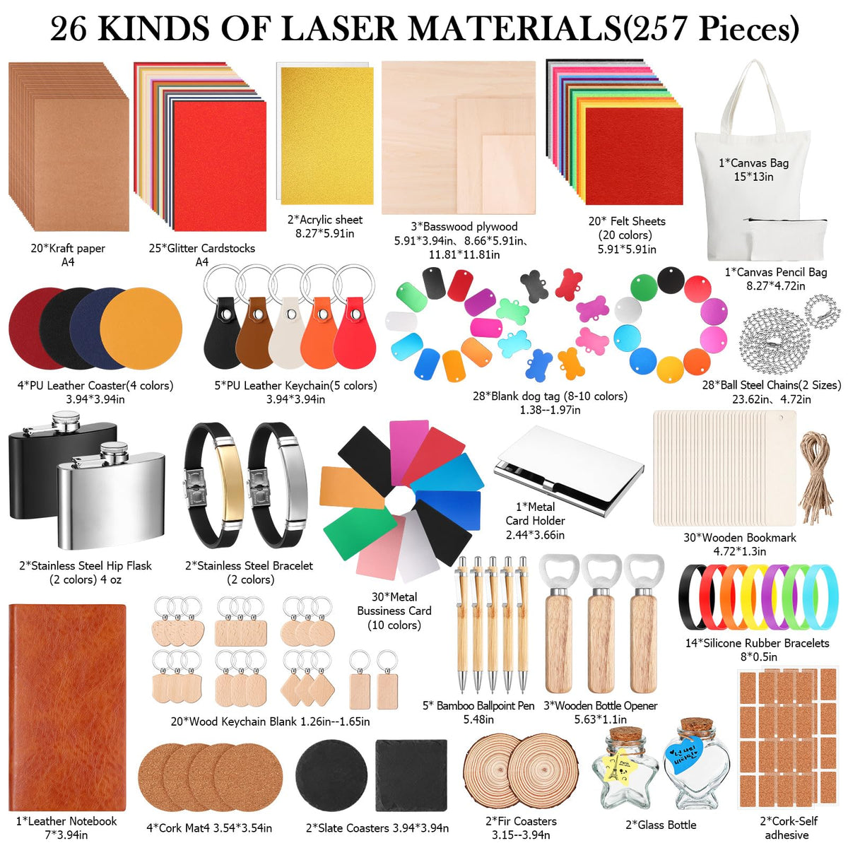 Dunzoom 257 Pcs Laser Material Kit, Laser Engraving Materials Includes Acrylic, Metal, Wood, Fabric, PU Leather, Glass, Rock, Rubber for Laser Engravers DIY Crafts Cutting Project Cutters