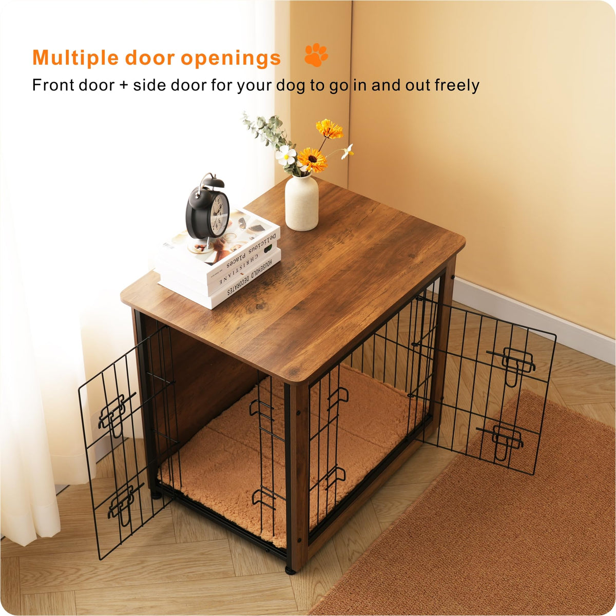 DWANTON 27" Dog Crate Furniture, Dog Kennel Indoor, with Waterproof Cushion Small Wooden Kennel Table Indoor, Double Doors, Decorative Pet House as TV/Night Stand Side/End Table, Warm Brown