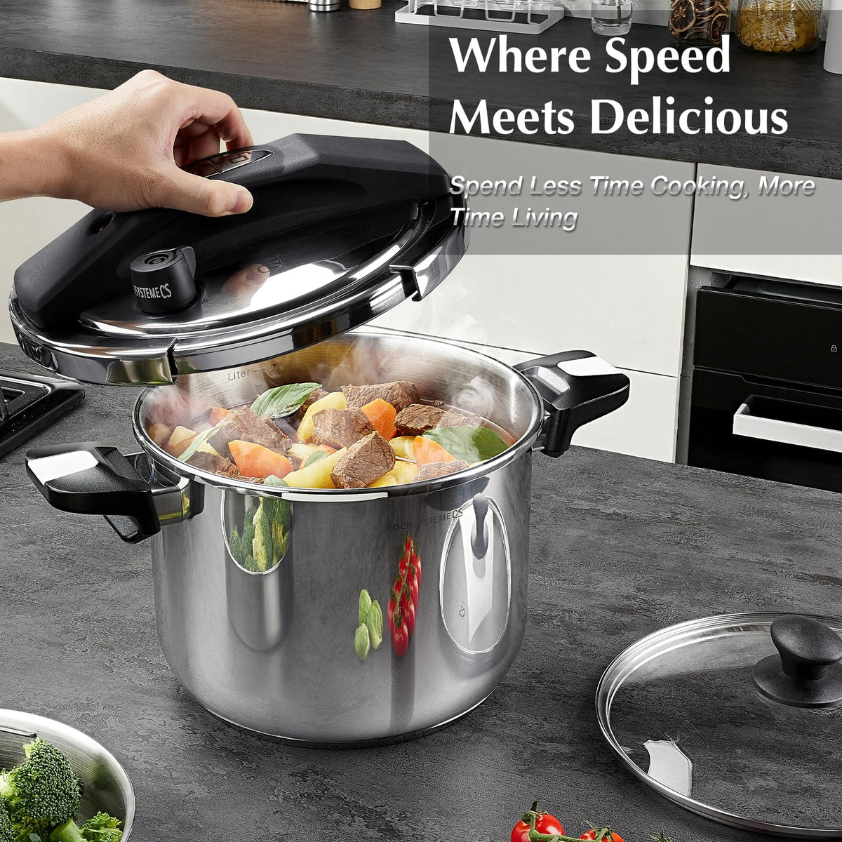 KOCH SYSTEME CS Stainless Steel Pressure Cooker 10.5 Quart, 3-in-1 Olla de Presion, One-Hand Locking, 3 PSI Settings Stovetop Pressure Pot, Induction Pressure Cooker, Glass Lid & Steamer, 10.5QT