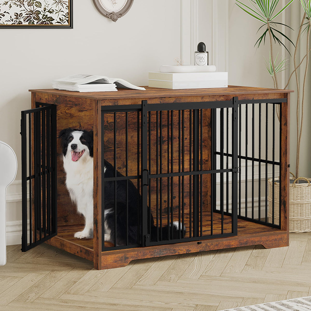 Hzuaneri 44.1 in XL Dog Crate Furniture Indoor Dog Kennel with Barn Door Wooden Dog Crates Furniture, Heavy Duty Dog Crate,Decorative Pet House End Side Table for Large Dogs,Rustic Brown DFC80101BV1