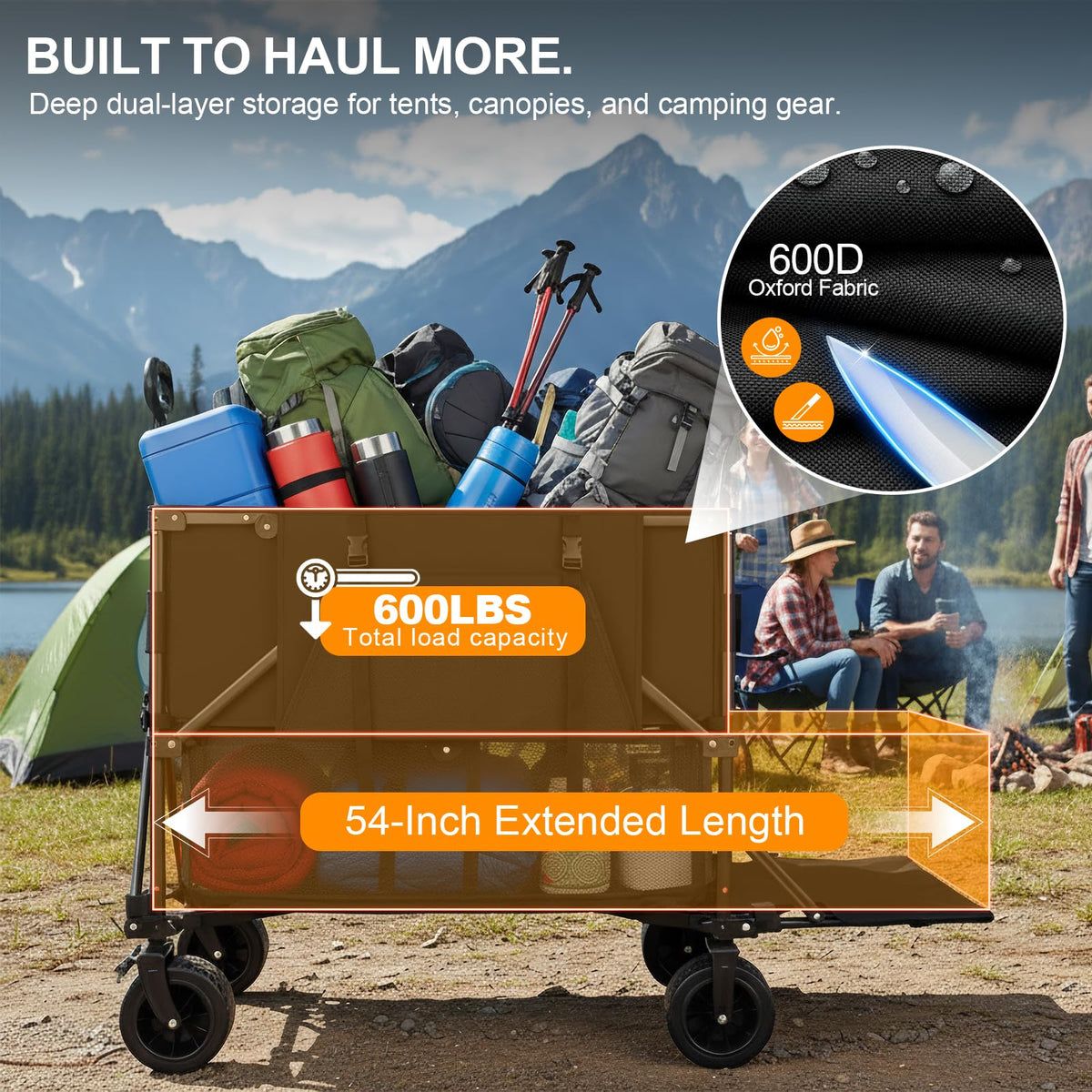 Double Decker Wagon Heavy Duty Collapsible, 600LBS 400L Capacity Foldable Utility Cart, Big Wheels for Beach, Outdoor, Camping & Gardening, Durable Steel Frame