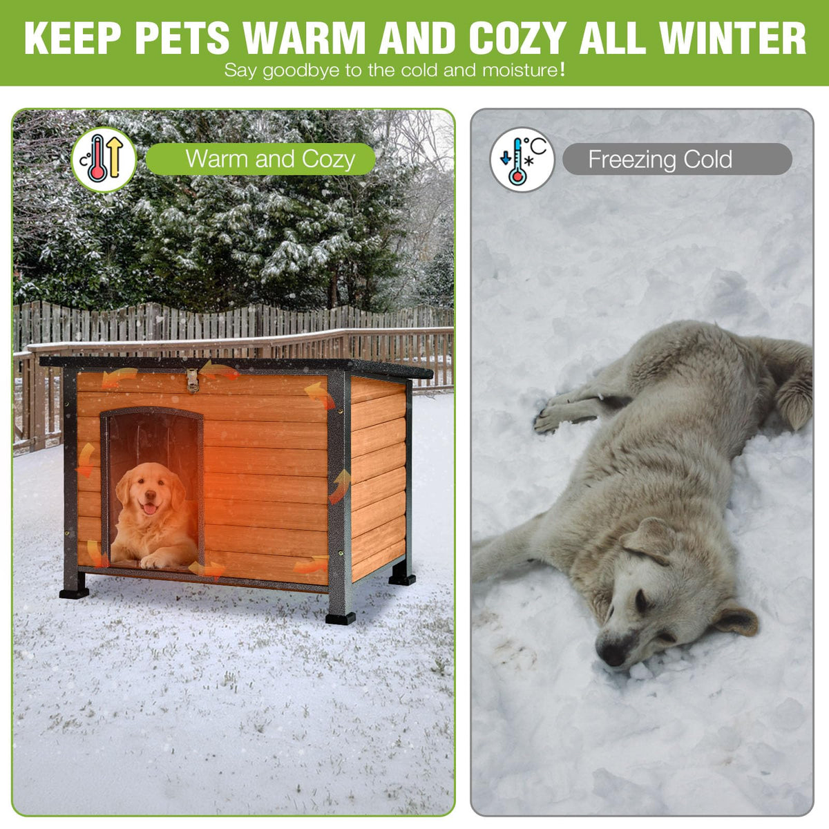 GUTINNEEN Large Outdoor Insulated Dog House Weatherproof Dog Kennel Indestructible Dog Shelter with Chew-Proof Full Metal Frame, Openable Roof for Small to Large Dog Breeds (33.5"L x 22"W x 25.2"H)