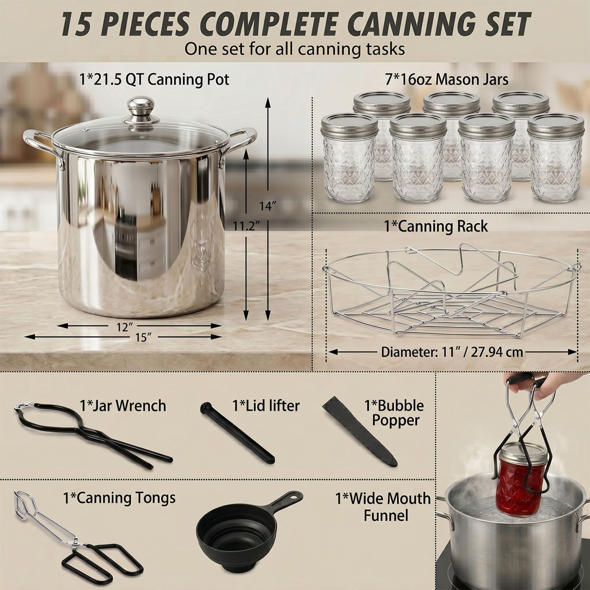 Canning Supplies Kits with 21.5 Qt Canning Pot, 7pcs Mason Jars, Tongs, Stainless Steel Jar Rack, Funnel, Lid Lifter Water Bath Canner Tool Set