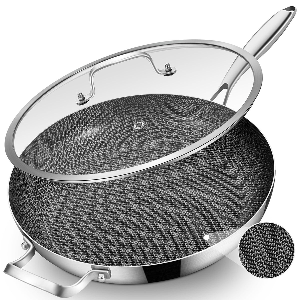 Inqibee 14.5-Inch Hybrid Ceramic Nonstick Chef's Pan with Lid Tri-Ply Stainless Steel Skillet for Family Meals, Scratch Resistant Surface, Induction Compatible, Dishwasher & Oven Safe