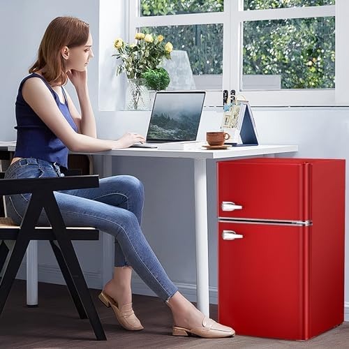 Antarctic Star Compact Mini Refrigerator Separate Freezer, Small Fridge Double 2-Door Adjustable Removable Retro Stainless Steel Shelves Living room/Kitchen/Dorm/Office 3.2 cu ft.Green