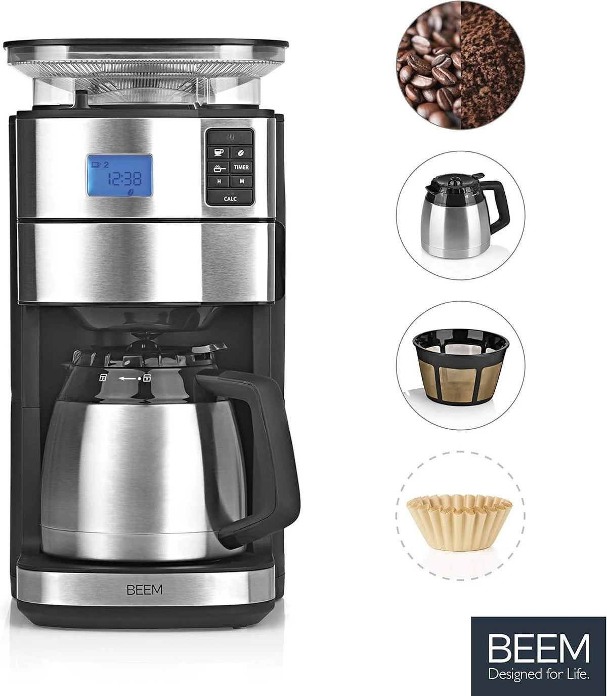 2026 BEEM FRESH-AROMA-PERFECT II filter coffee machine with grinder - Thermo | Stainless steel | Thermopot | 24h timer | 1000