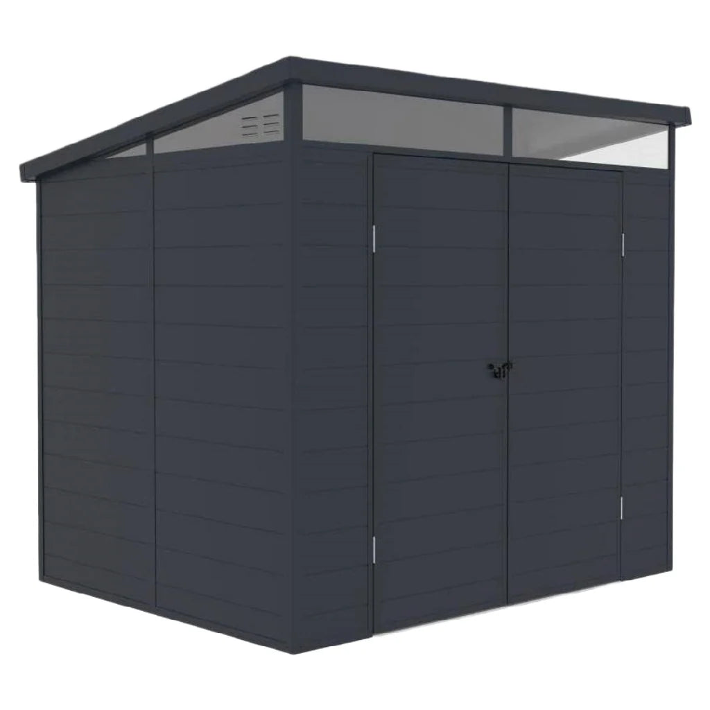 2026 Modern monopent roofed metal garden shed with bright headband – lockable double door – anthracite grey