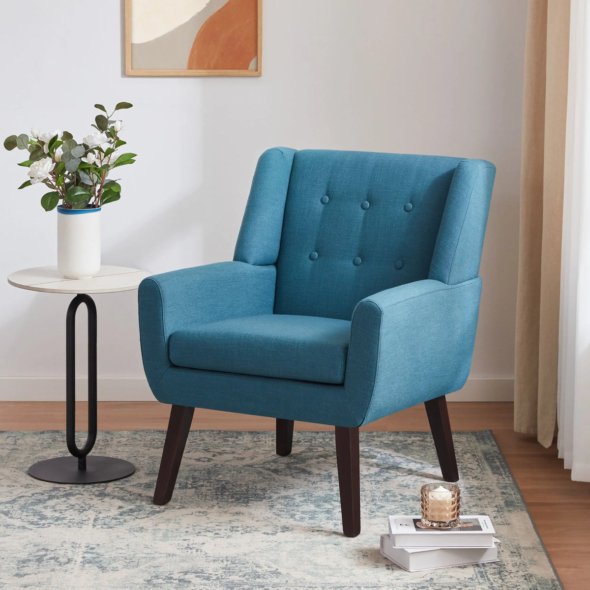 HUIMO Accent Chair, Button-Tufted Upholstered Living Room Chairs, Mid Century Modern Comfy Reading Chairs for Bedroom, Living Room, Beige