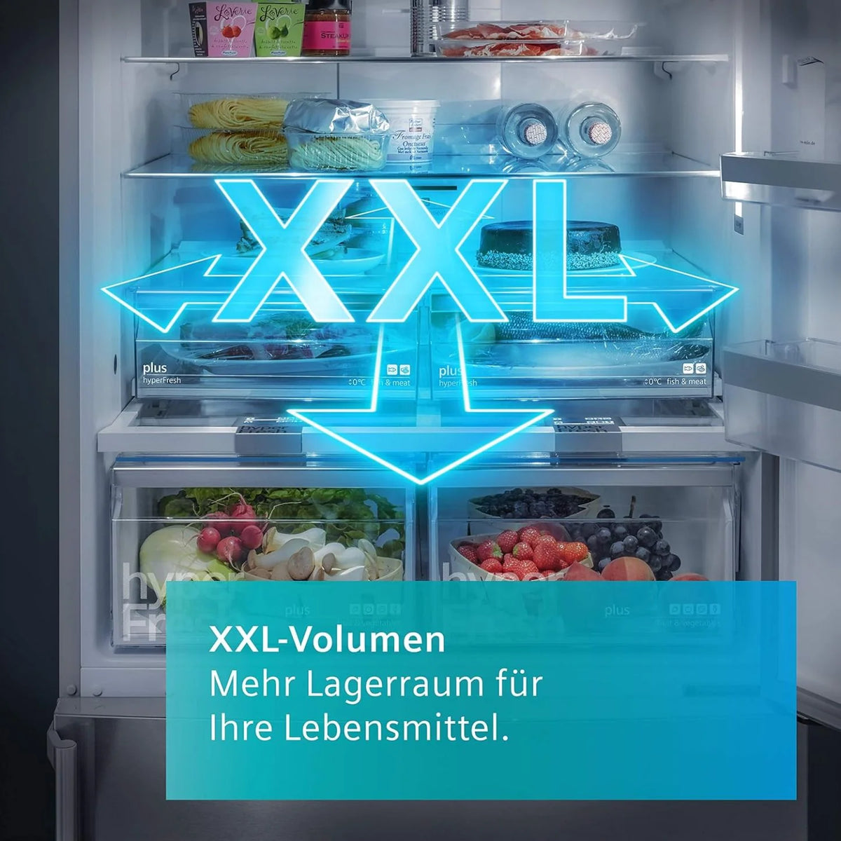 2026 SIEMENS KF96NVPEA iQ300 multi-door refrigerator, 183 x 91 cm, 405 L cooling & 200 L freezing, hyperFresh longer freshnes