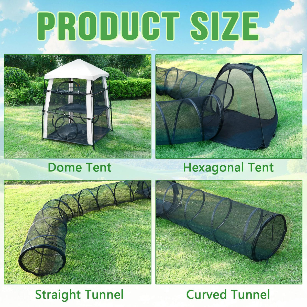CypherX Extra Large Catio Outdoor Cat Enclosure Pop Up Playpen Tunnel Tent 3-level main cube with 3 passages & mini housing. Tear-resistant mesh, shade cover, 8 stakes, toy ropes & carry bags