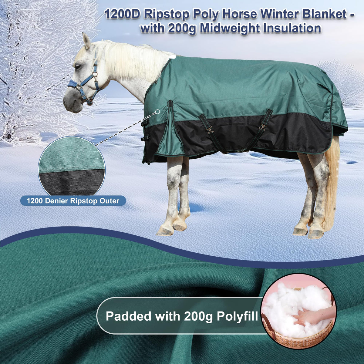 1200D Horse Blanket, 200g Medium Weight Waterproof Winter Turnout 1200D Ripstop Outer, Waterproof Breathable Shell, Anti-Rub Lining, 200g Insulation, Keep Dry in Snow & Cold, Large Tail Flap