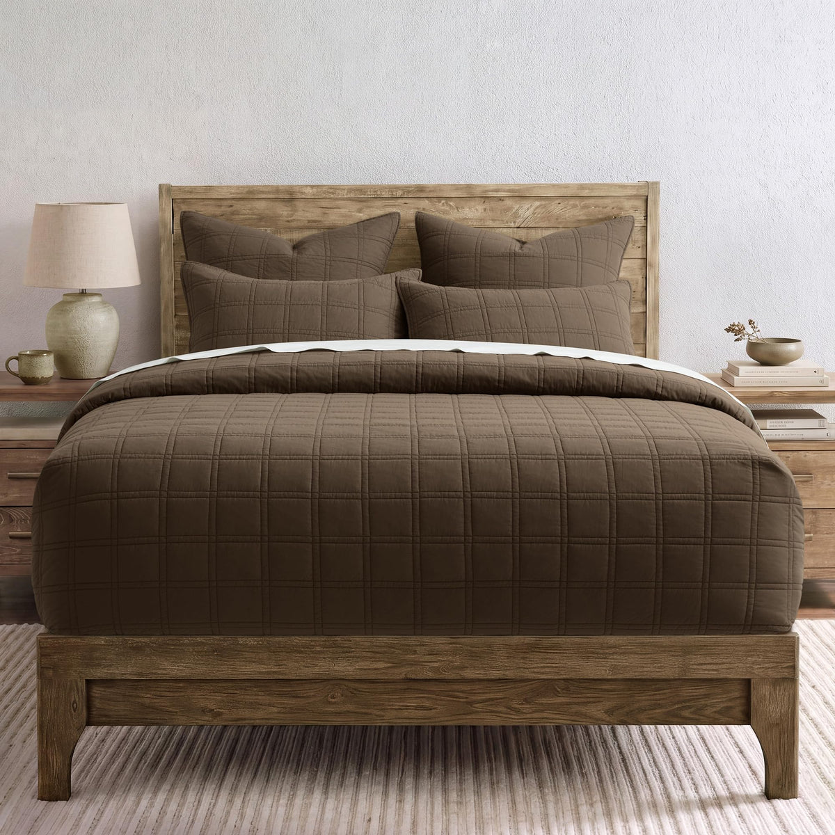 HORIMOTE HOME 100% Cotton Quilt Set King Size, Earth Brown Pre-Washed Bedspreads Coverlet Set in Geometric Pattern, Cozy Lightweight Stitching Decorative Bedding Cover with 2 Shams for All Season