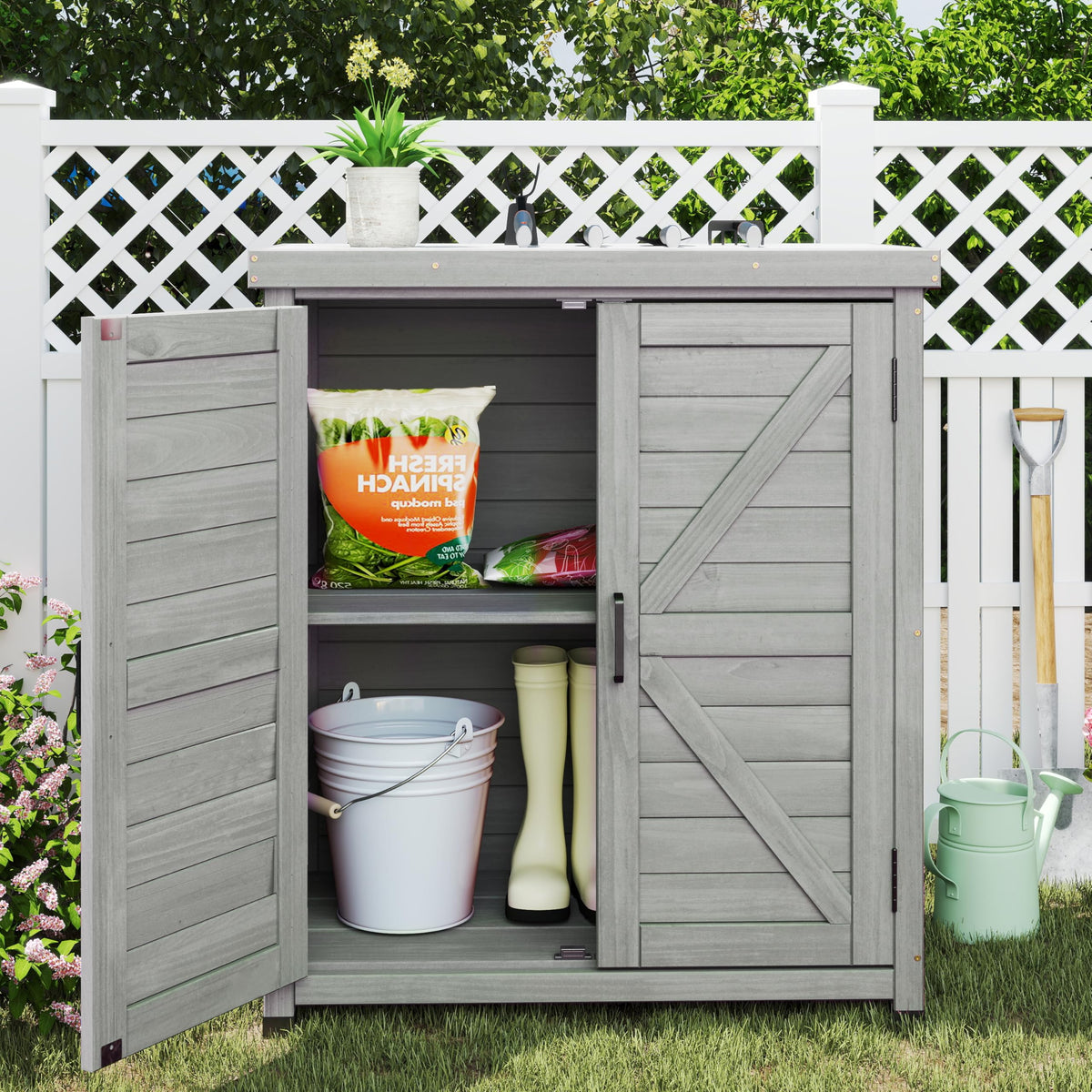 Outdoor Storage Cabinet & Potting Bench Table with Metal Top, Wooden Patio Furniture, Garden Workstation (Classic Grey, 36x31x17in)