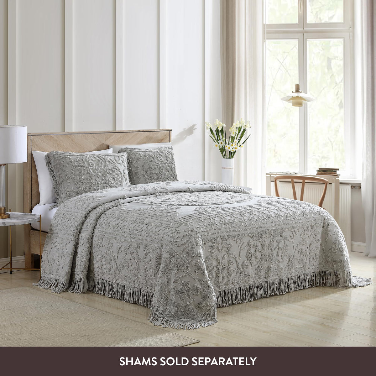 Beatrice Home Fashions Medallion King Cotton Chenille Bedspread, Gray Vintage tufted lightweight soft, cozy plush 100% cotton bedspread with fringed hem and large centered medallion design