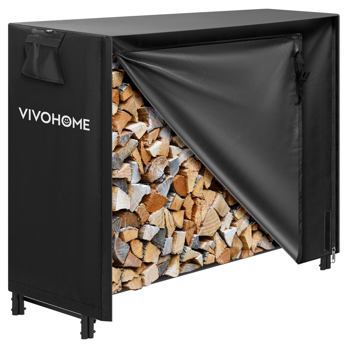 VIVOHOME 4 ft Heavy Duty Firewood Rack Outdoor with Cover, Black Fire Wood Storage Rack, Log Holder and Cover Combo Set with Zipper
