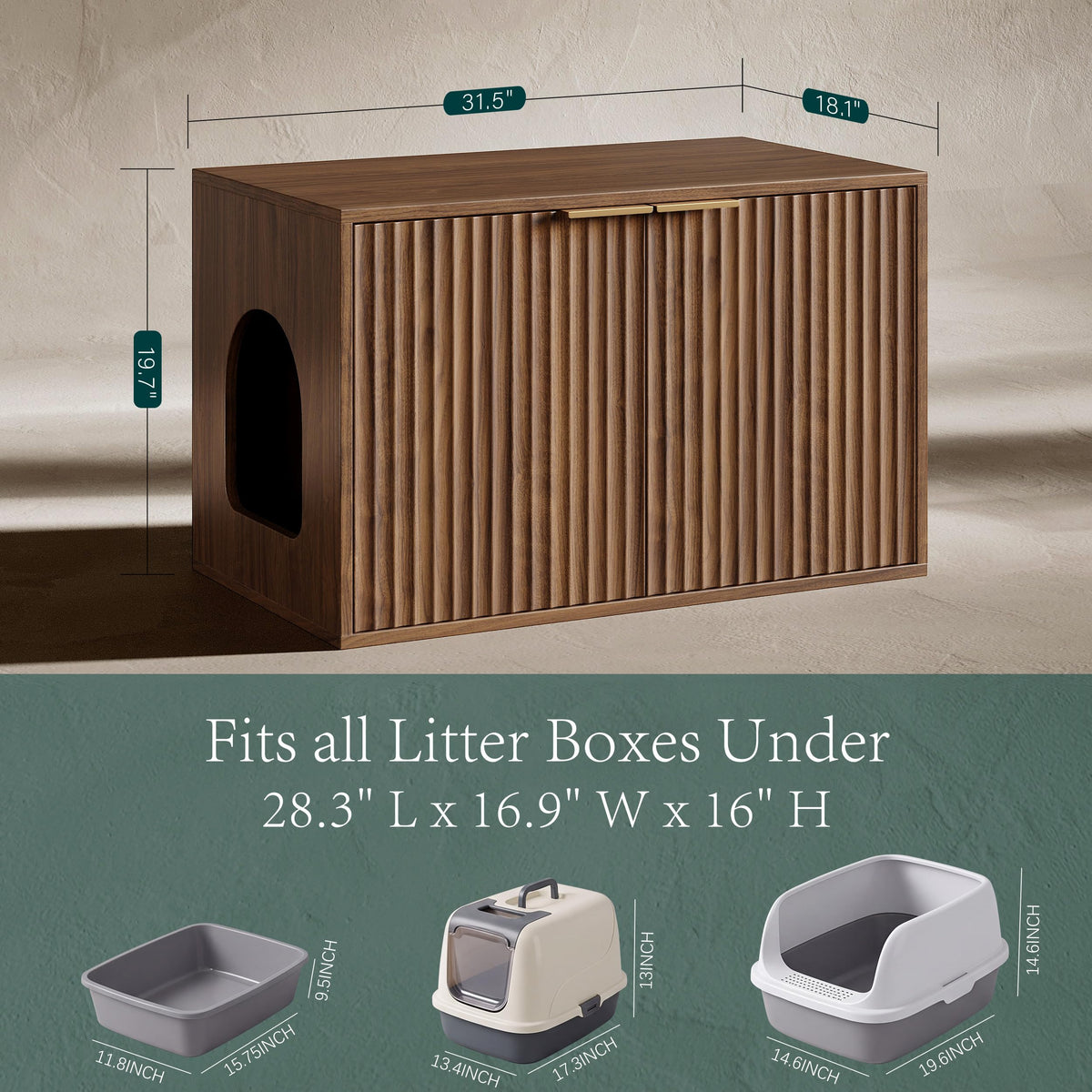 Evermagin 31.5" Cat Litter Box Enclosure Furniture Walnut Hidden Litter Box Cabinet, Modern Indoor Cat House, Fluted Kitty End Table for Living Room, Bedroom, Entryway