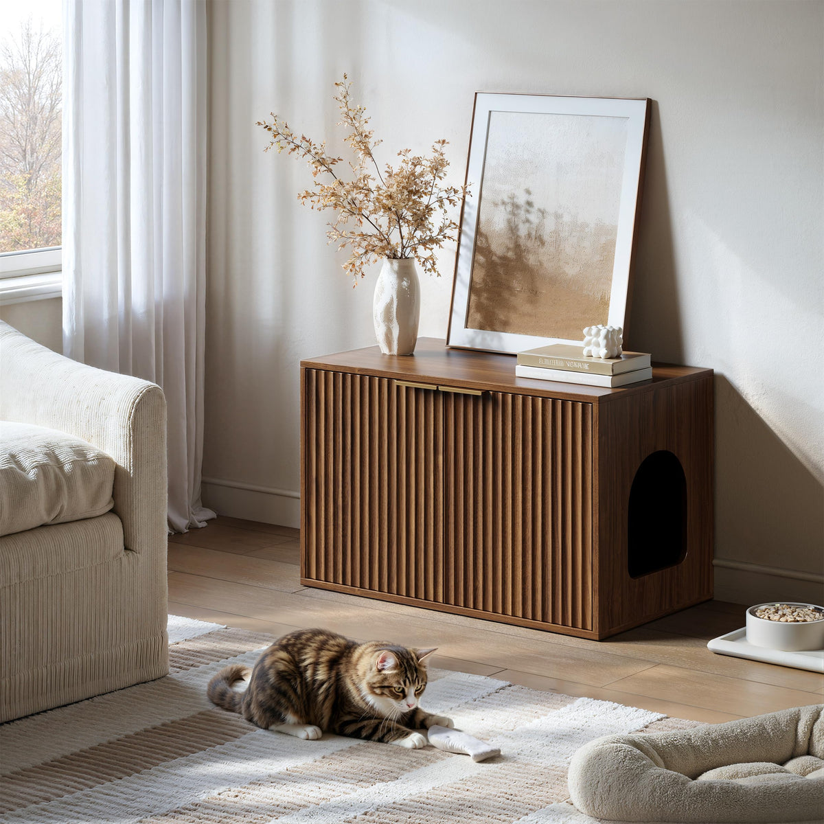 Evermagin 31.5" Cat Litter Box Enclosure Furniture Walnut Hidden Litter Box Cabinet, Modern Indoor Cat House, Fluted Kitty End Table for Living Room, Bedroom, Entryway