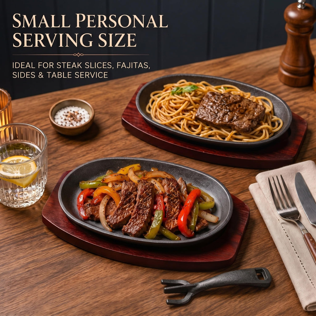 Mifoci 6 Pcs Oval Cast Iron Fajita Skillet Pan Set Small Sizzling Steak Plate with Wooden Base and Handle Cast Iron Fajita Skillet Sizzling Plate for Restaurant BBQ (9.5 in x 5.5 In)