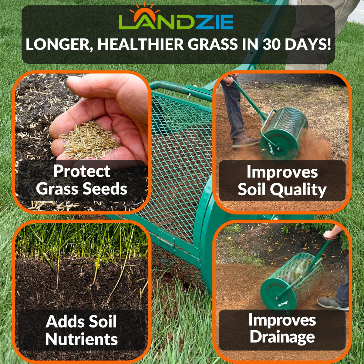 LANDZIE - Compost Spreader 24 Inch, Peat Moss & Top Soil Roller Metal Mesh Basket Spreader for Manure Mulch Topdressing, Compact - Push or Tow Lawn & Garden