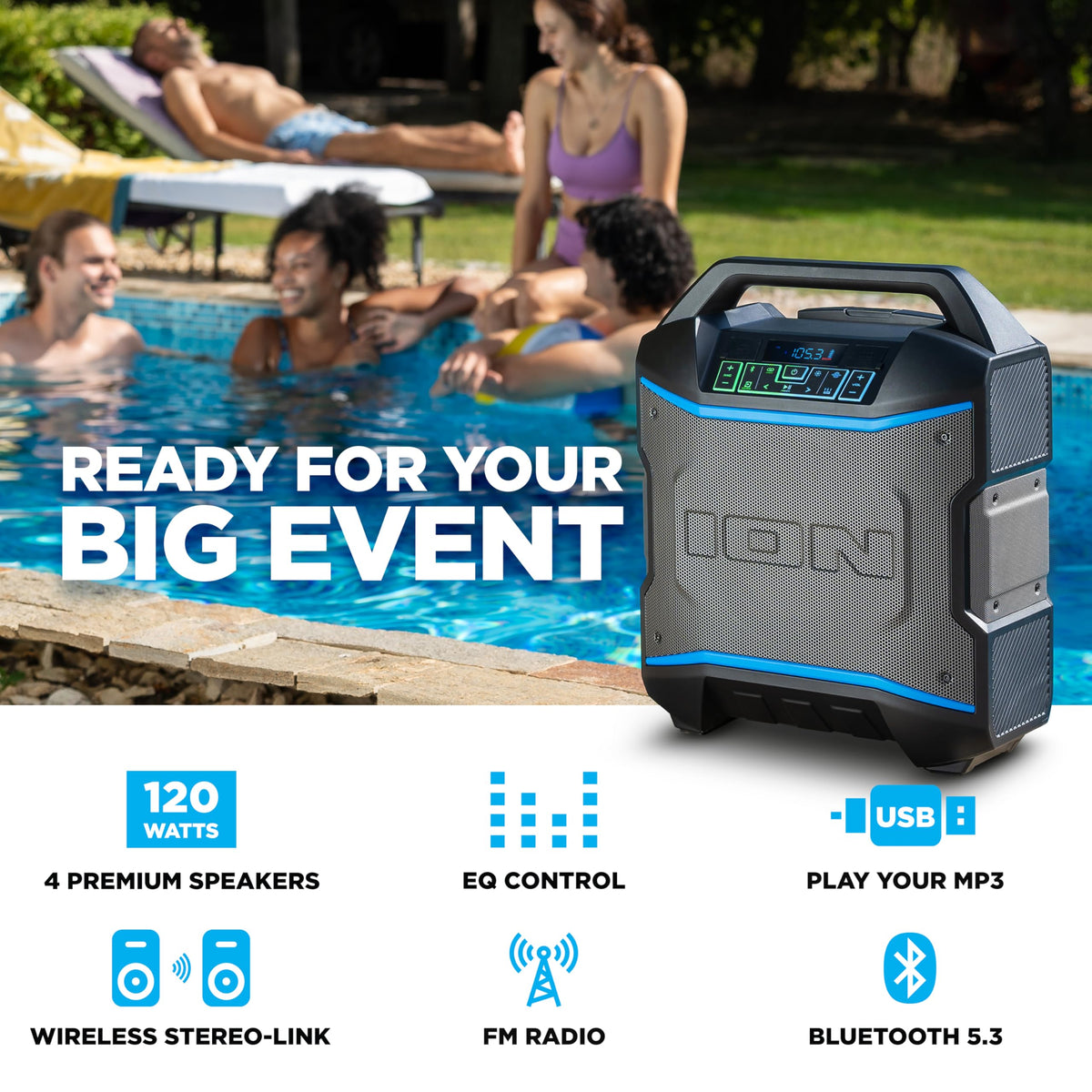 ION Block Rocker - Portable Bluetooth Outdoor Party Speaker with Karaoke Microphone, Battery, 4 Speakers, Radio, USB Port, App, Water-Resistant, 120W