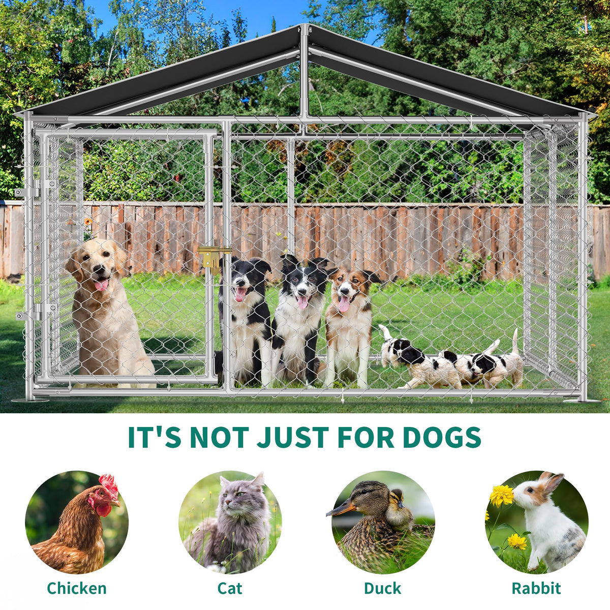 DWVO 7.5'x7.5' Outdoor Dog Enclosure with Roof Dog Kennel Outside with Metal Gate, Dog House Large Dogs for Yard