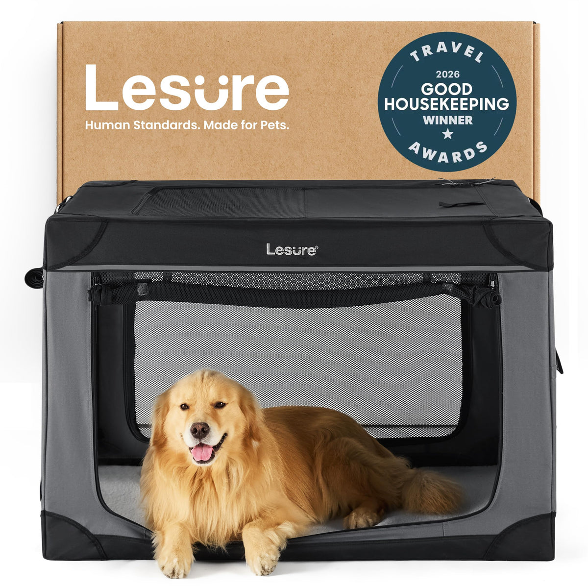 Lesure Shown on Today Show Soft Collapsible XL Dog Crate, 42in Black Portable Travel Camping Pet Kennel, 4-door, Indoor Outdoor Use, Easy to Set Up and Fold, For Extra Large Breeds Up to 90 lbs