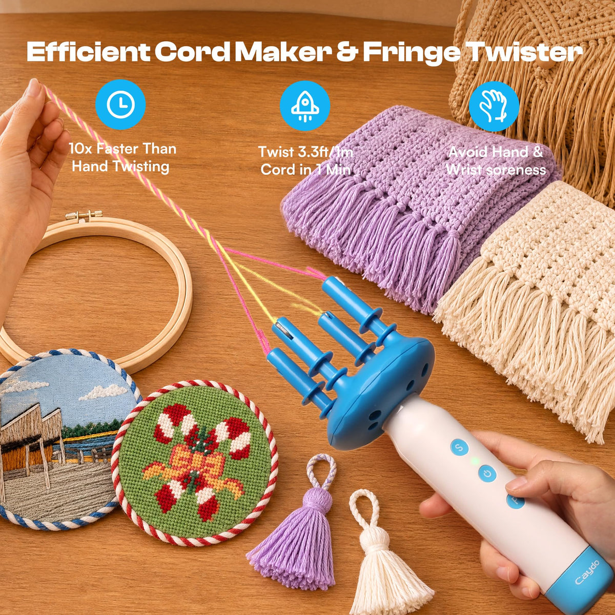Caydo Cord Maker Fringe Twister Machine T1, Cording for Needlepoint &Sewing Rechargeable & 2-Speed, Electric Cording Maker Tool, Portable Yarn Twister for Macrame, Knitting, Scarves, Blankets, Tassels