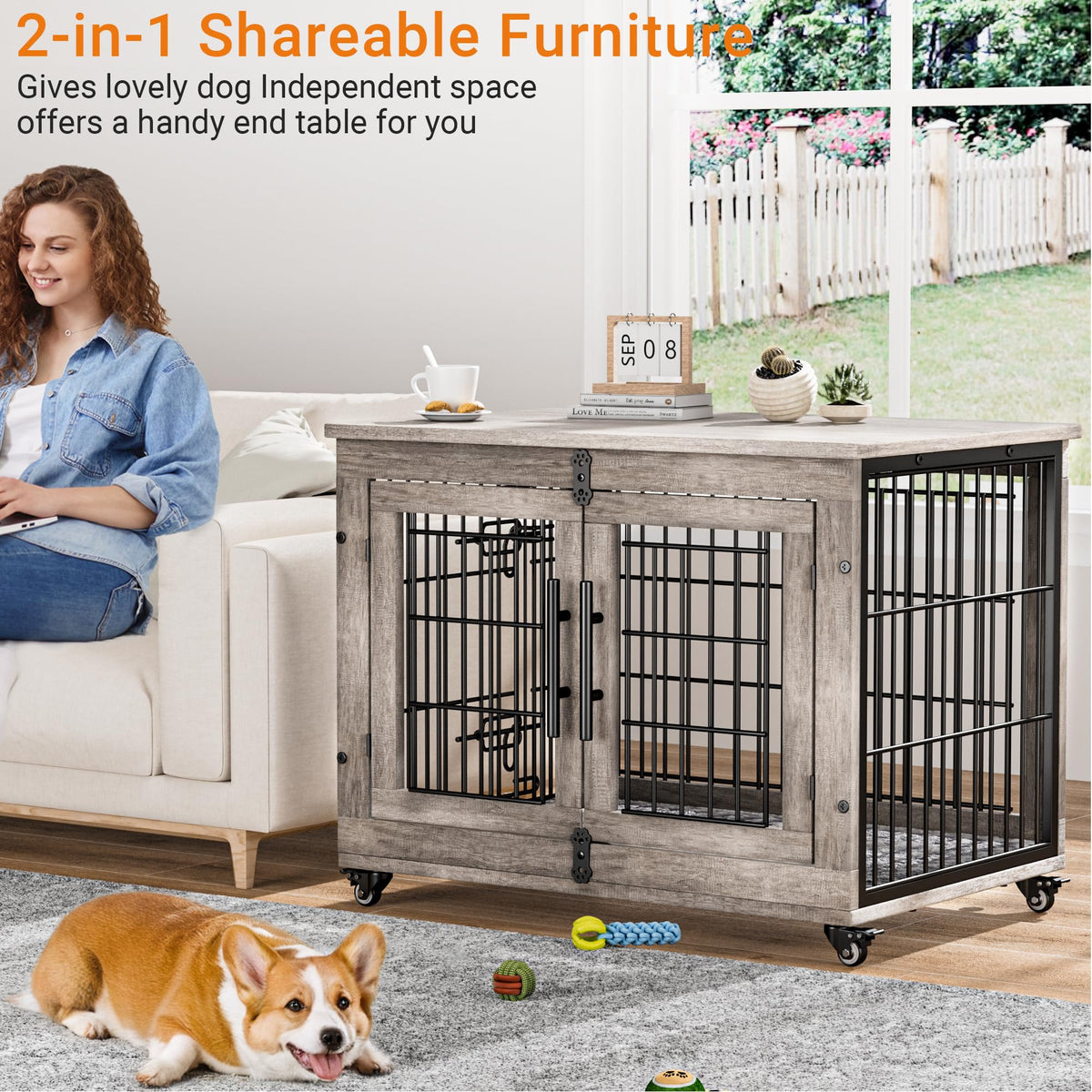 Medium Dog Crate Furniture, 32'' Heavy Duty Kennel w/Cushion & Wheels Grey, Double Doors, Wooden Dog Cage, Chew-Resistant, End Table, Decorative, 27"/32"/38"/44" Options, Indoor