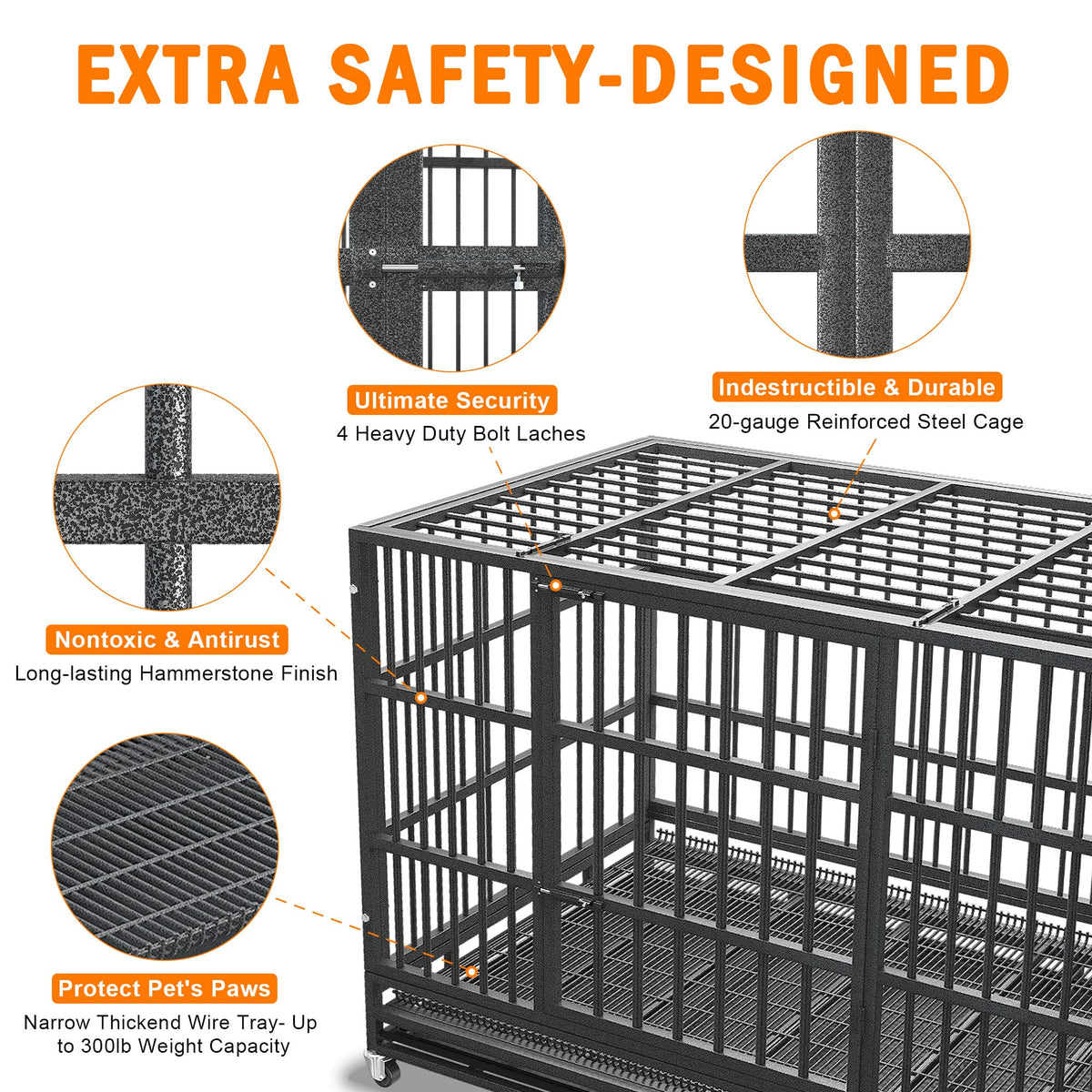 BOLDBONE 48 inch Heavy Duty Indestructible and Escape-Proof Dog Crate Cage Kennel for Large Dogs, High Anxiety Dog Crate with Removable Wire Trays and Wheels, Extra Large XL XXL, Black