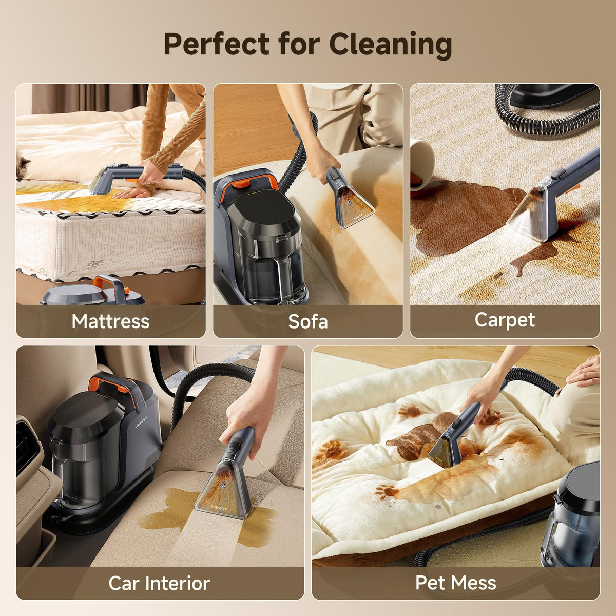 Uwant 18Kpa Carpet Cleaner Machine with Pet Pro Cleaner&Tools Set of 1 Portable Carpet Cleaner with 3 Brush Heads for Cars, Pets 2in1 Upholstery Cleaner Machine for Spot, Rugs, Couch
