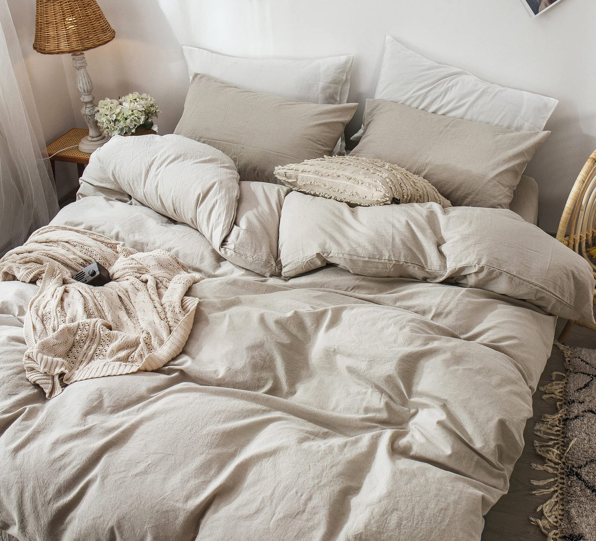 MooMee Duvet Cover Set 100% Washed Cotton Linen Like King Relaxed Lived-in Texture. Soft, Breathable & Long-lasting Comfort. Lightweight. Hidden Zipper with 8 Interior Corner Ties