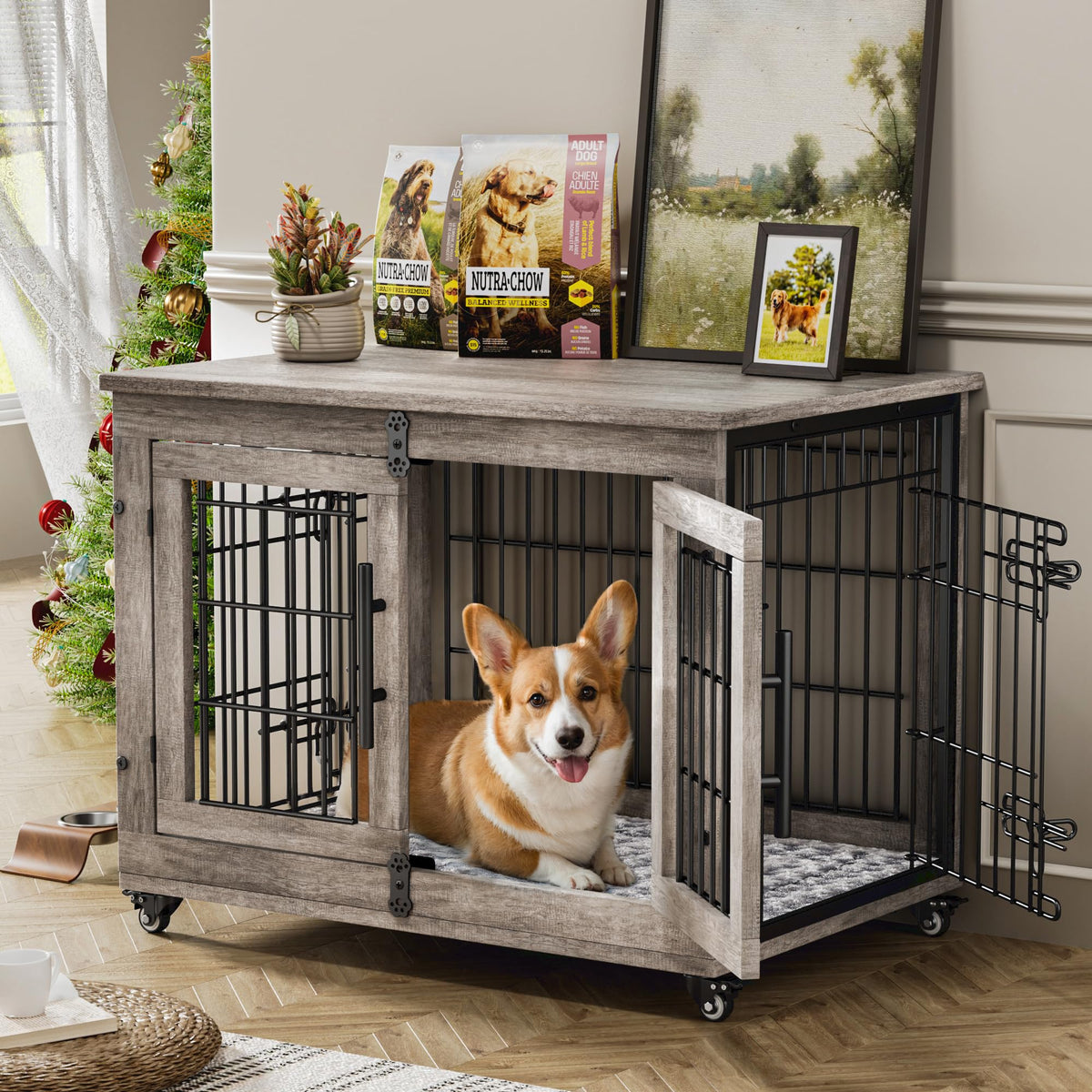 Medium Dog Crate Furniture, 32'' Heavy Duty Kennel w/Cushion & Wheels Grey, Double Doors, Wooden Dog Cage, Chew-Resistant, End Table, Decorative, 27"/32"/38"/44" Options, Indoor