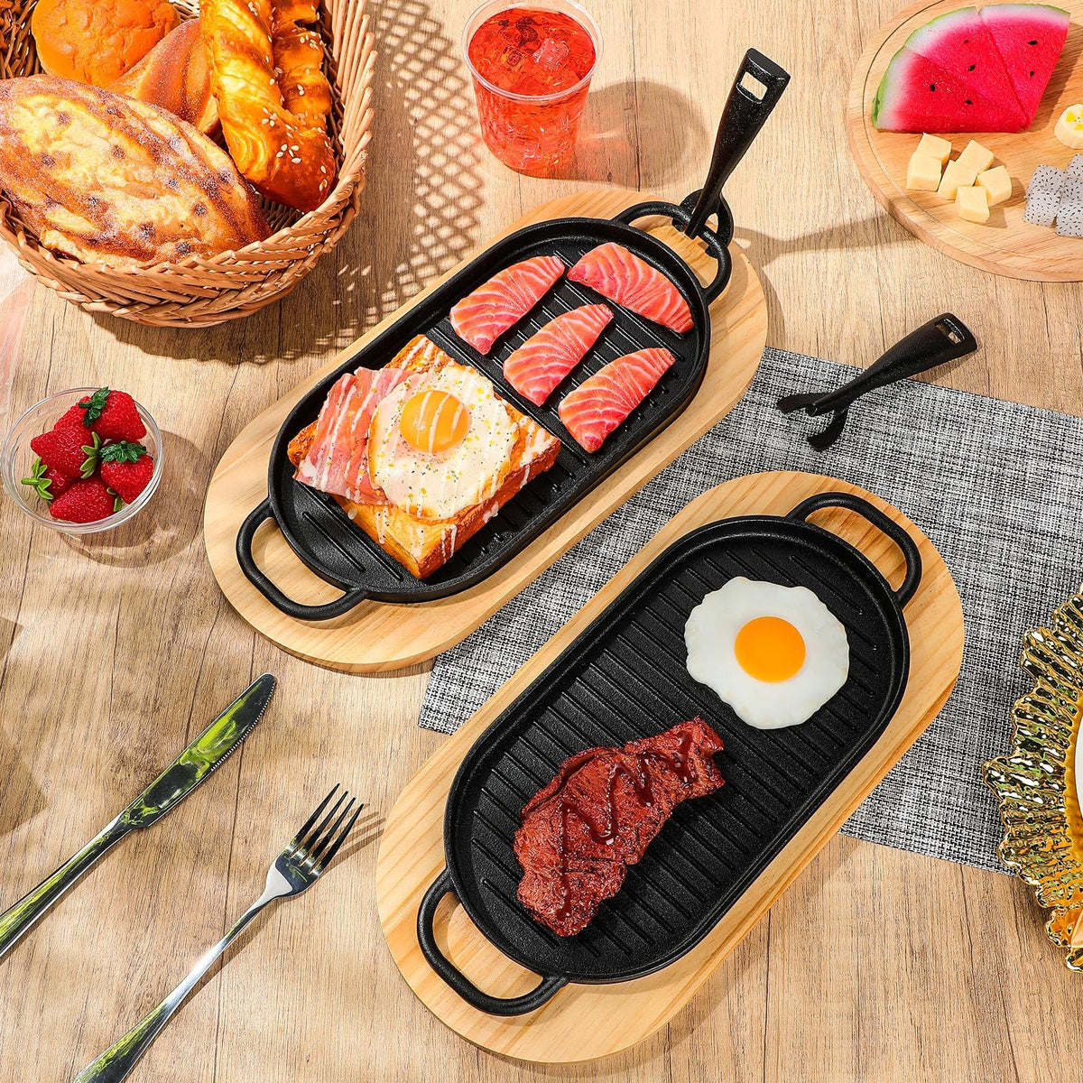 4 Sets Oval Cast Iron Fajita Skillet Pan Set, 12 x 6.3 Inch Sizzling Plate with Wooden Base, Removable Handle, Dual Loop Grips, Home Barbecue Kitchen Party Restaurant Catering Service