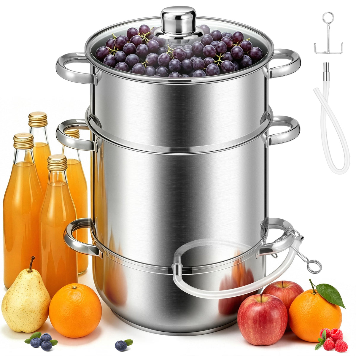 VIVOHOME 11 Qt Stainless Steel Steam Juicer for Canning Fruit & Grape Juice Juice Steamer Extractor Pot with Tempered Glass Lid, 2 Hoses, Clamp, Loop Handles