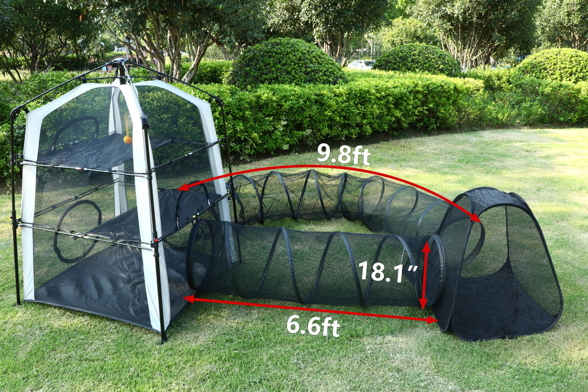 CypherX Extra Large Catio Outdoor Cat Enclosure Pop Up Playpen Tunnel Tent 3-level main cube with 3 passages & mini housing. Tear-resistant mesh, shade cover, 8 stakes, toy ropes & carry bags