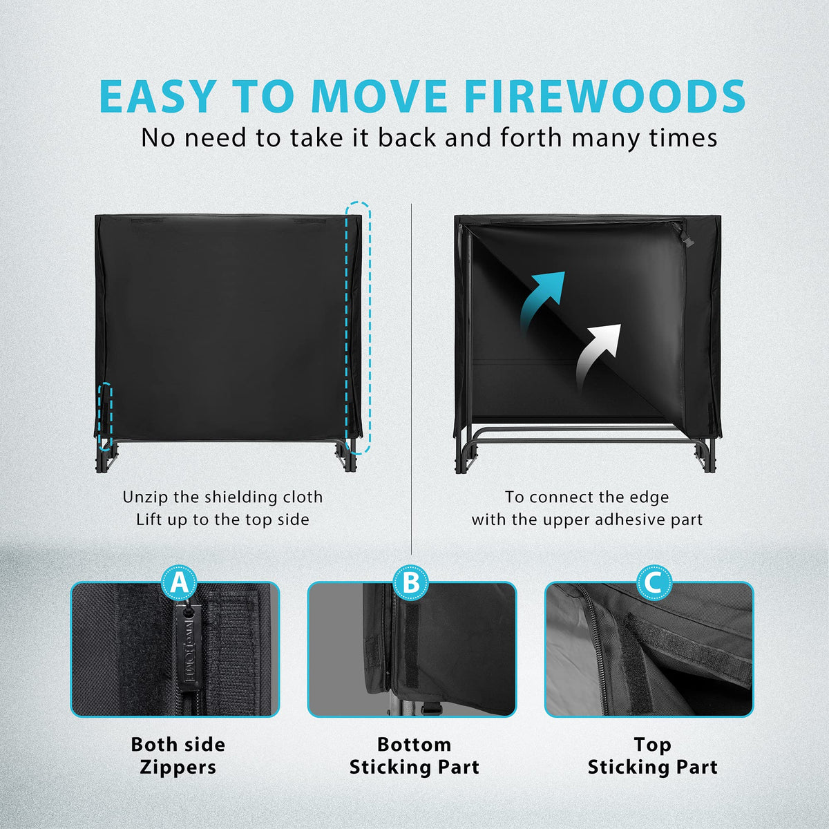 VIVOHOME 4 ft Heavy Duty Firewood Rack Outdoor with Cover, Black Fire Wood Storage Rack, Log Holder and Cover Combo Set with Zipper