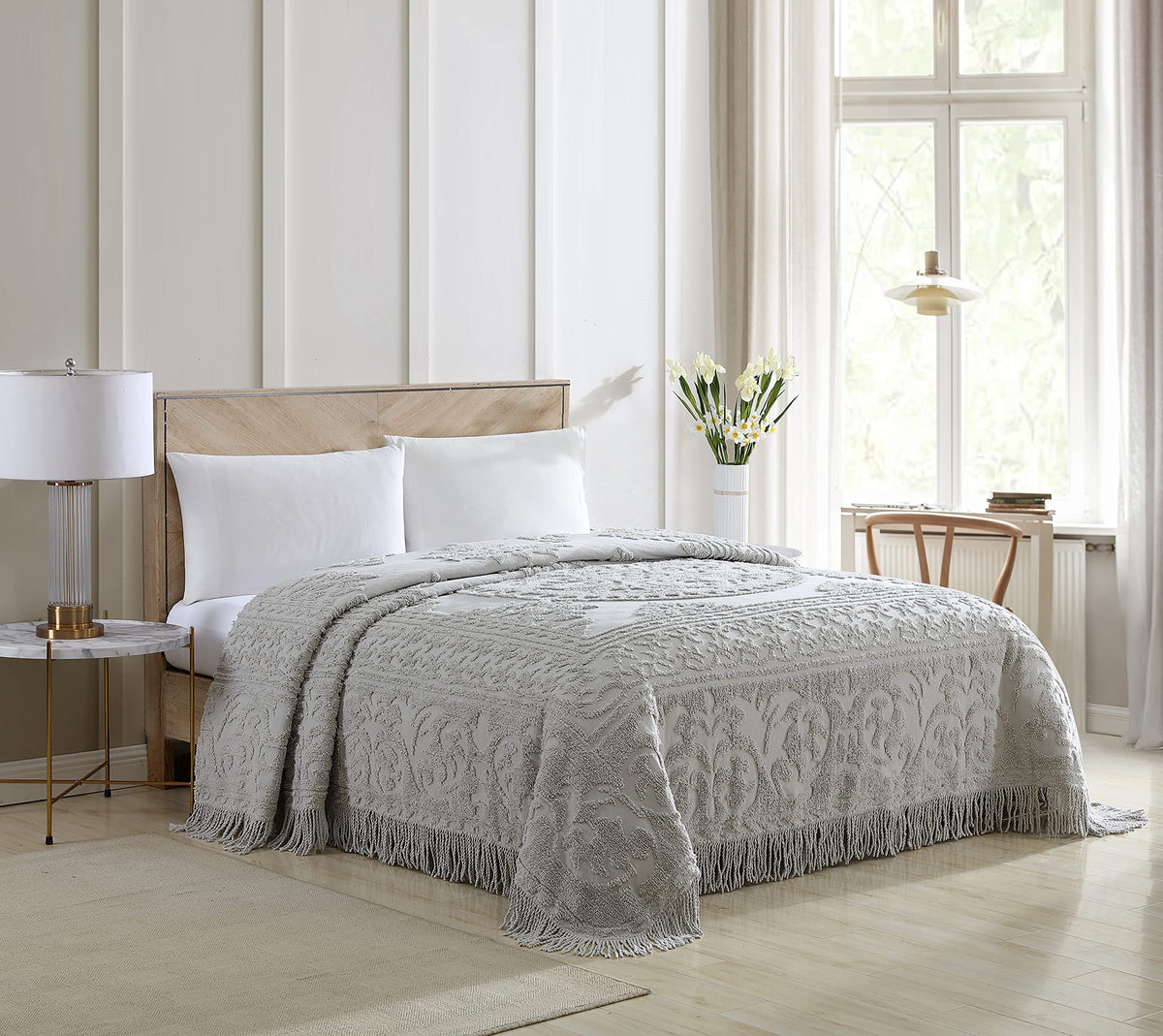 Beatrice Home Fashions Medallion King Cotton Chenille Bedspread, Gray Vintage tufted lightweight soft, cozy plush 100% cotton bedspread with fringed hem and large centered medallion design