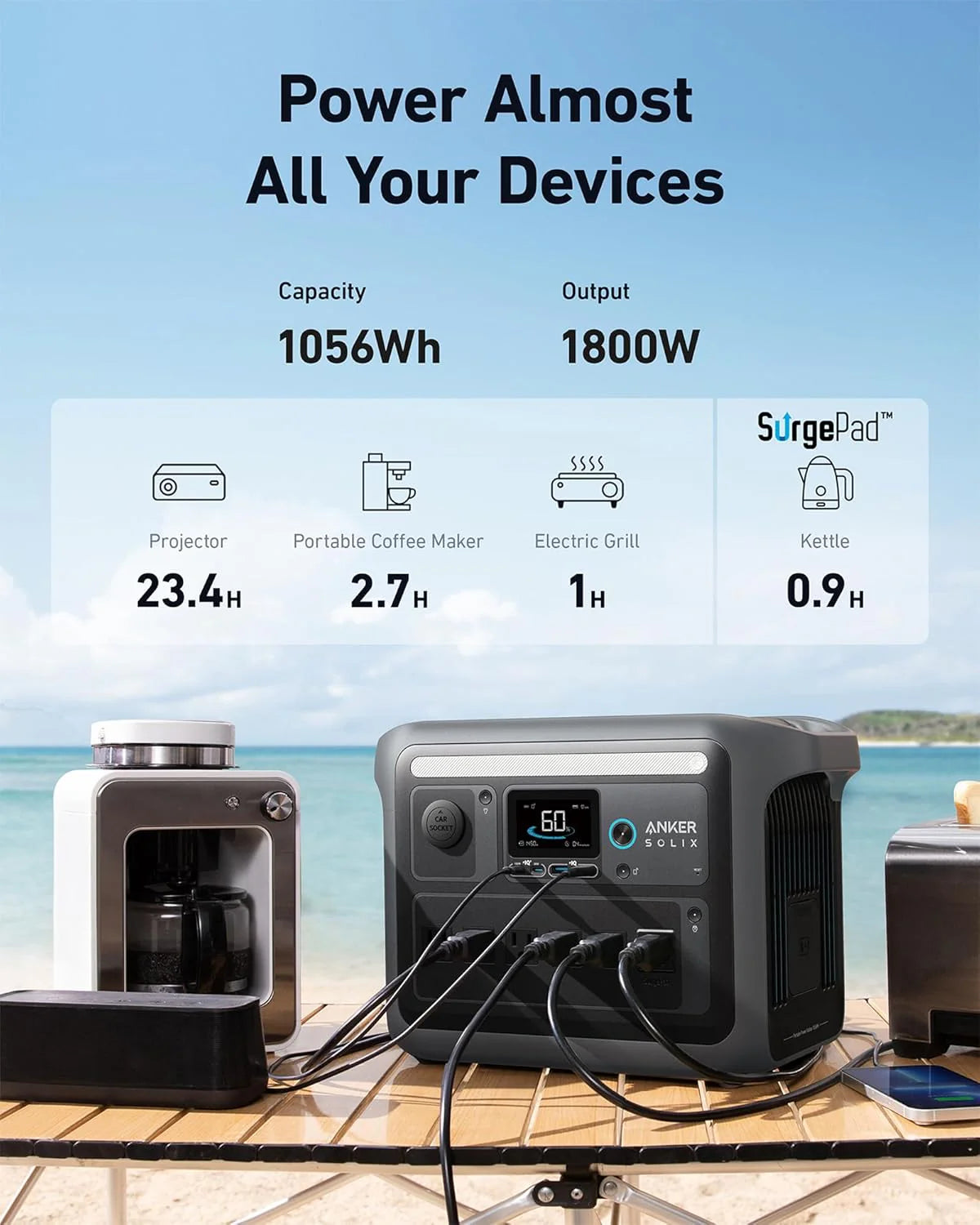 SOLIX C1000 Portable Power Station with 200W Solar Panel, 1800W Solar Generator, 1056wh LFP (LiFePO4) Battery, 6 AC Outlets, Up to 2400W for Home, Power Outages, and Outdoor Camping
