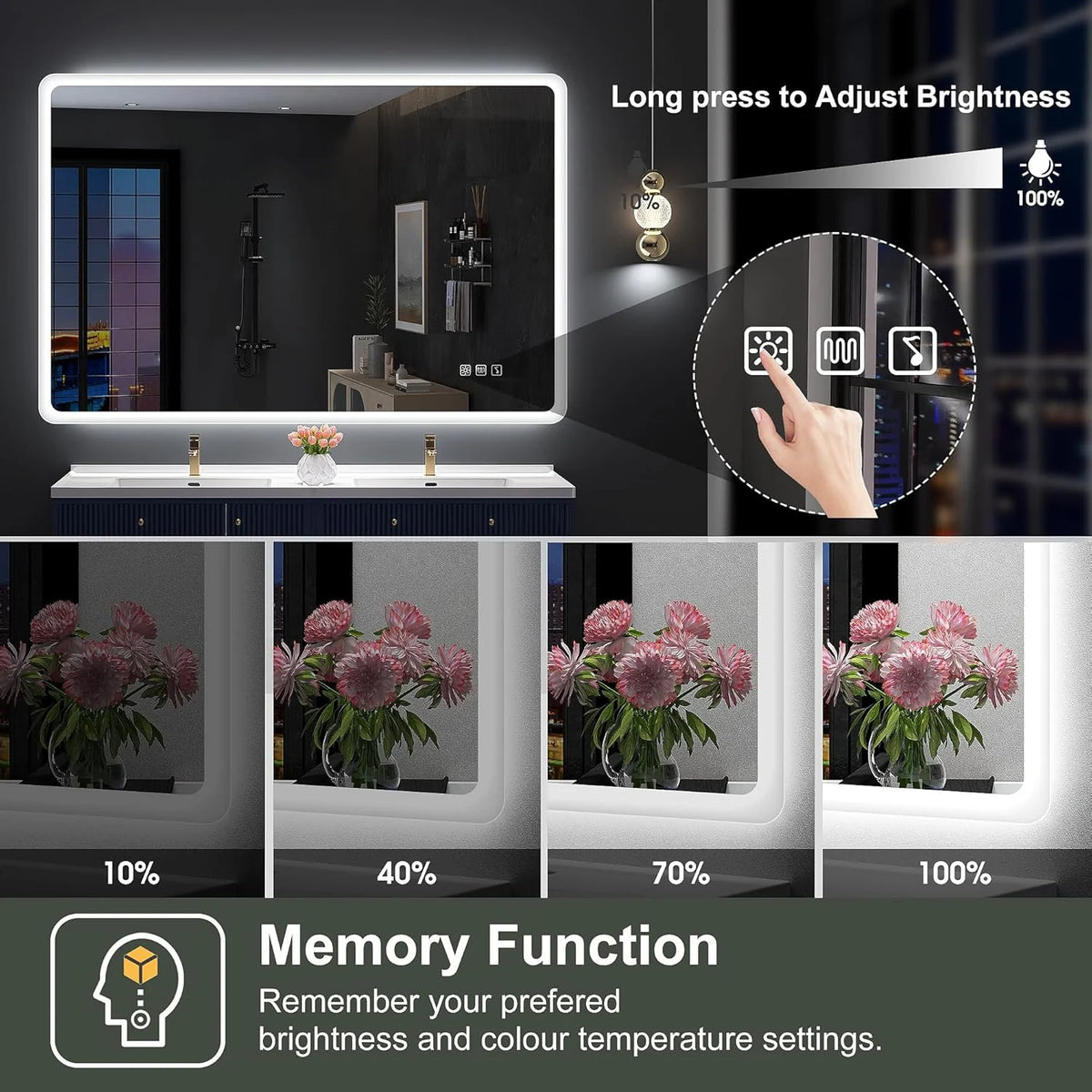 2026 Bathroom mirror S'bagno with lighting 1200 x 700 mm, IP44, LED, Bluetooth, anti-fog, 3 light colours (3,000 K, 4,000 K