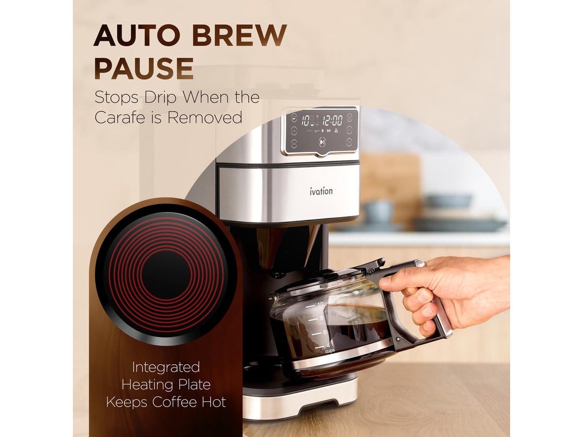 2-in-1 Drip Coffee Maker & Grinder Programmable Auto Brew & Timer - Warming Plate - 10 Cup - Reusable Filter Basket 1.5L Water Tank 1000W - Pause and Pour